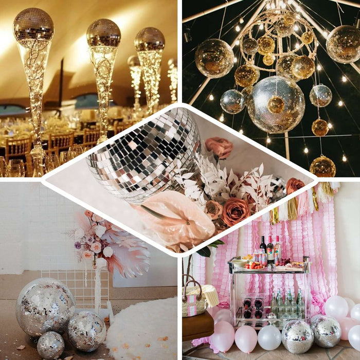 Disco balls in various settings for festive decor and celebrations.