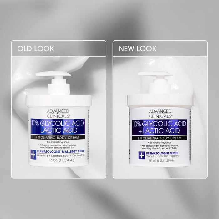 Advanced Clinicals 10% Glycolic Acid & Lactic Acid Exfoliating Body Cream 454g كريم الجسم المقشر من أدفانسد كلينيكالز، يحتوي على 10% من حمض الجليكوليك وحمض اللاكتيك - Princess Cosmetics Qatar