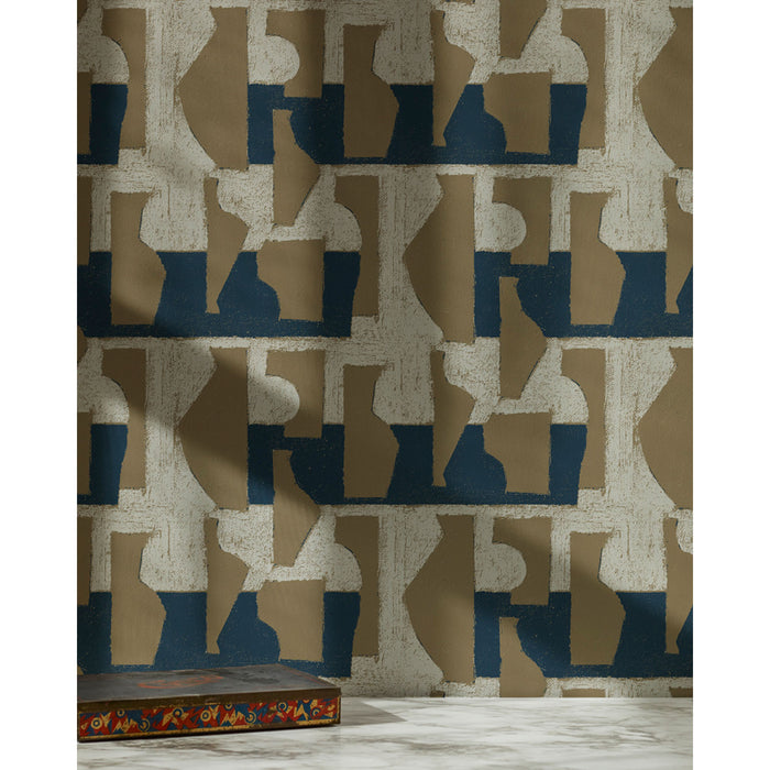 A painted box in front of a wall in a pattern of brown geometric vessel shapes over a white background with navy blue horizontal stripes.