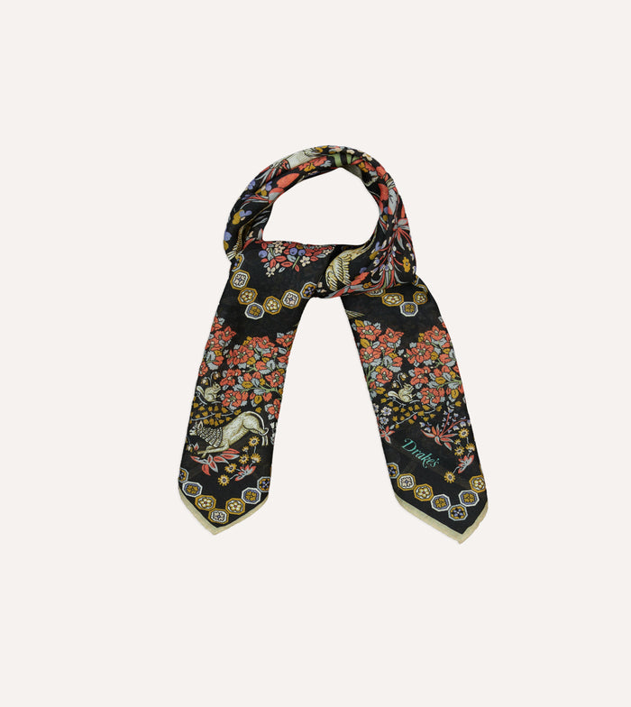 Black Mythical Forest Print Wool-Silk Bandana