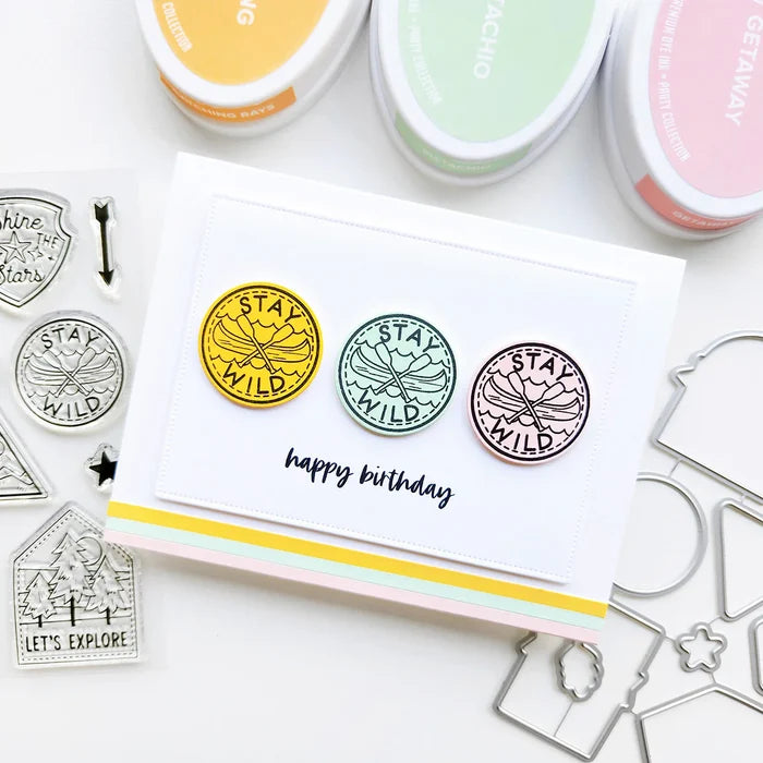 Catherine Pooler - Sentiments Stamp & Die Set - Wilderness Collector. Travel badges. Available at Embellish Away located in Bowmanville Ontario Canada. Example by brand ambassador.