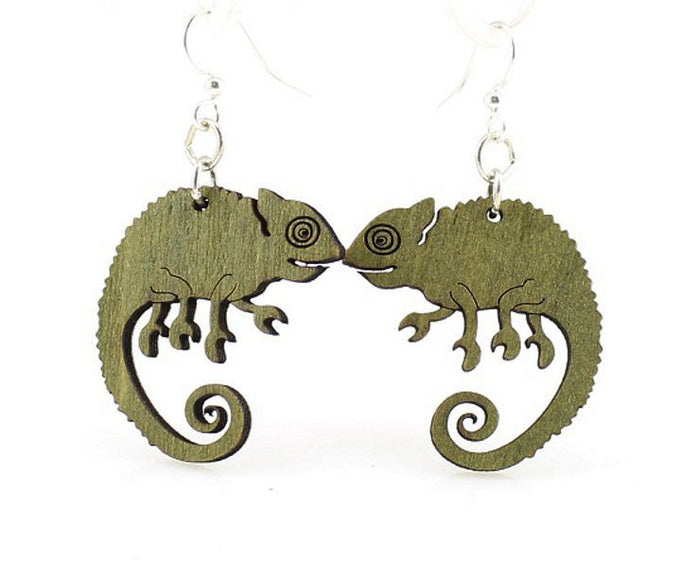 Chameleon earrings with curled tail, eco-friendly laser-cut jewelry made in USA