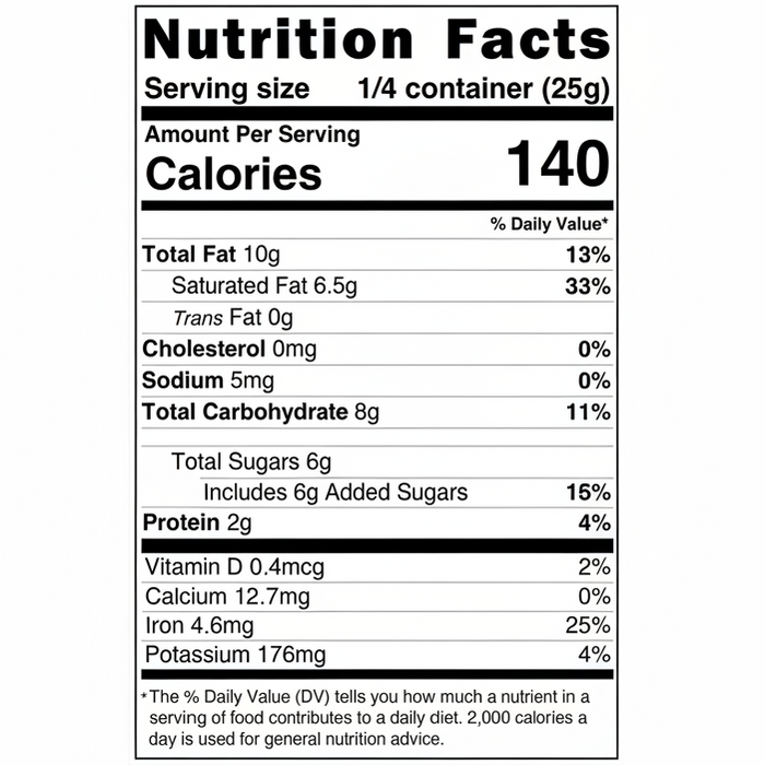 Nutrition facts label for a food product with serving size, calories, and nutritional content details.