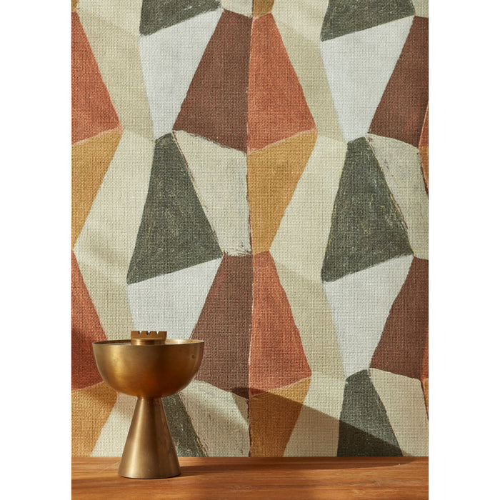 Detail swatch of a wallpaper pattern with mixed three dimensional diamond forms with black, white, beige, dark rust red, warm orange and ochre yellow on a textured paper, hover