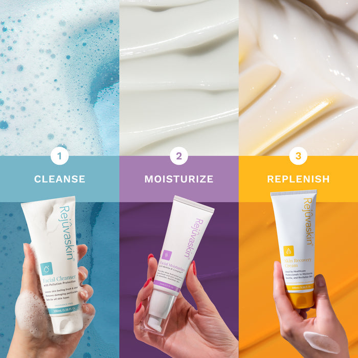 Step-by-step Rejûvaskin Dry Skin Essentials routine