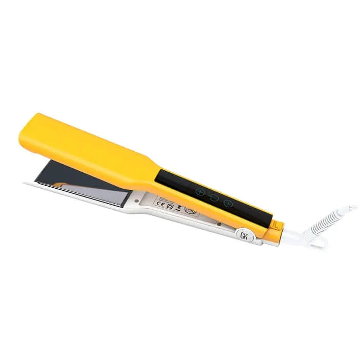 Easy Control Titanium Flat Iron angled with plates open, dark touch panel switched off, GK logo on the hinge and white coiled cord