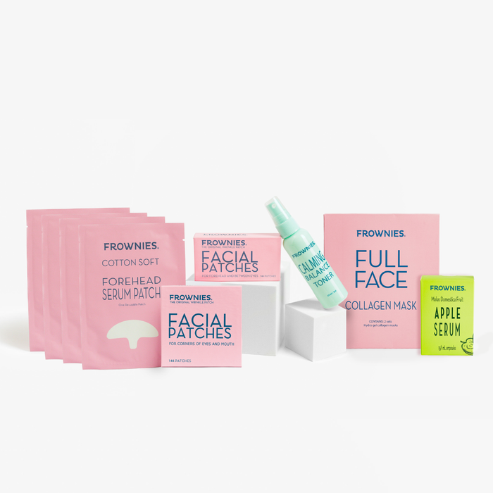 Frownies skincare products including facial patches, collagen mask, serum patches, and apple serum on a white background