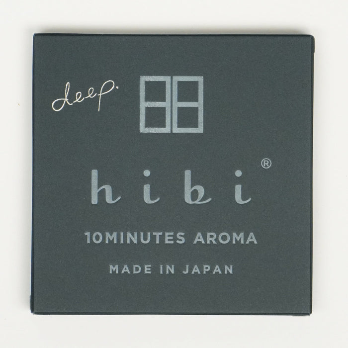 Top view of the Hibi Deep gift box in matte black, featuring the hibi logo and text ‘10 Minutes Aroma, Made in Japan’ on a clean white background.