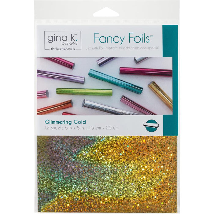 Gina K Designs - Fancy Foil 6"X8" - 12/Pkg - Glimmering Gold. Add vibrant color and brilliant shine to any project! Can be used as a toner-reactive foil or a textile foil. This package contains twelve 6x8 inch pieces of foil. Made in USA. Available at Embellish Away located in Bowmanville Ontario Canada.