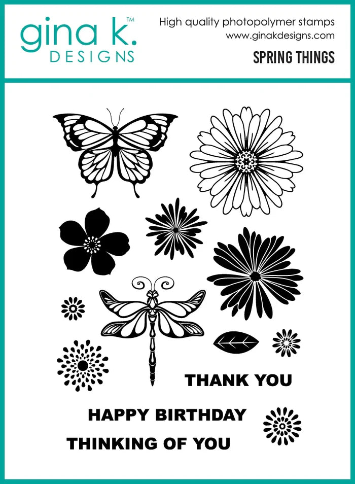 Gina K. Designs Stamp Spring Things. By Gina K Designs. Clear photopolymer and measures 6"X8". Available at Embellish Away located in Bowmanville Ontario Canada