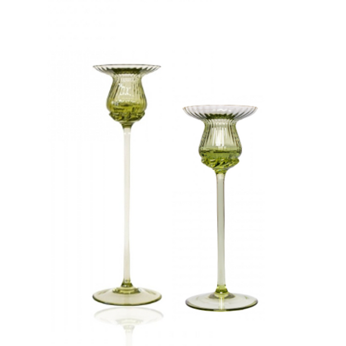 Medium green glass candlestick with a flared, scalloped top and slender stem.