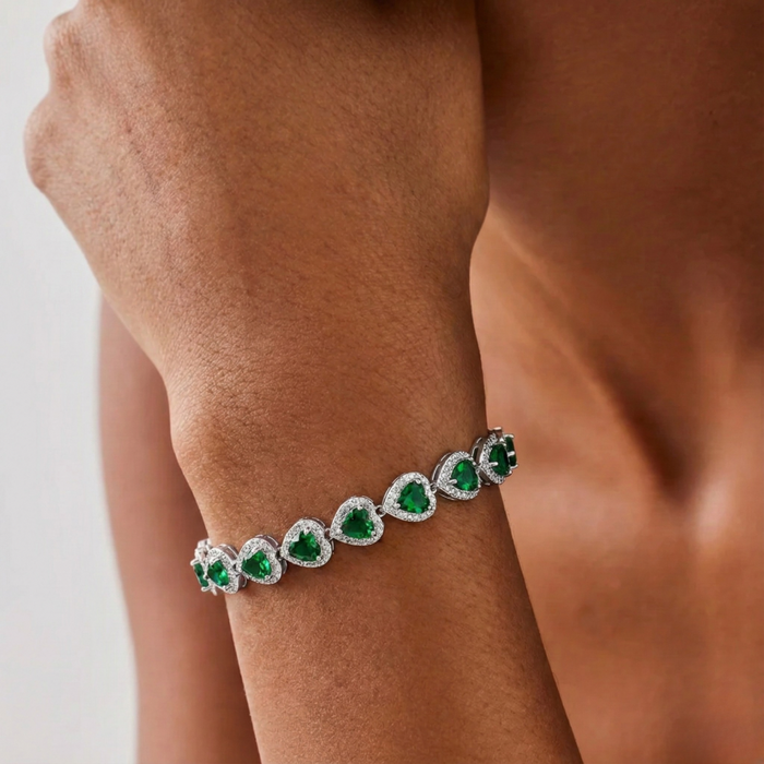 Green Heart Crystal Bracelet - Silver