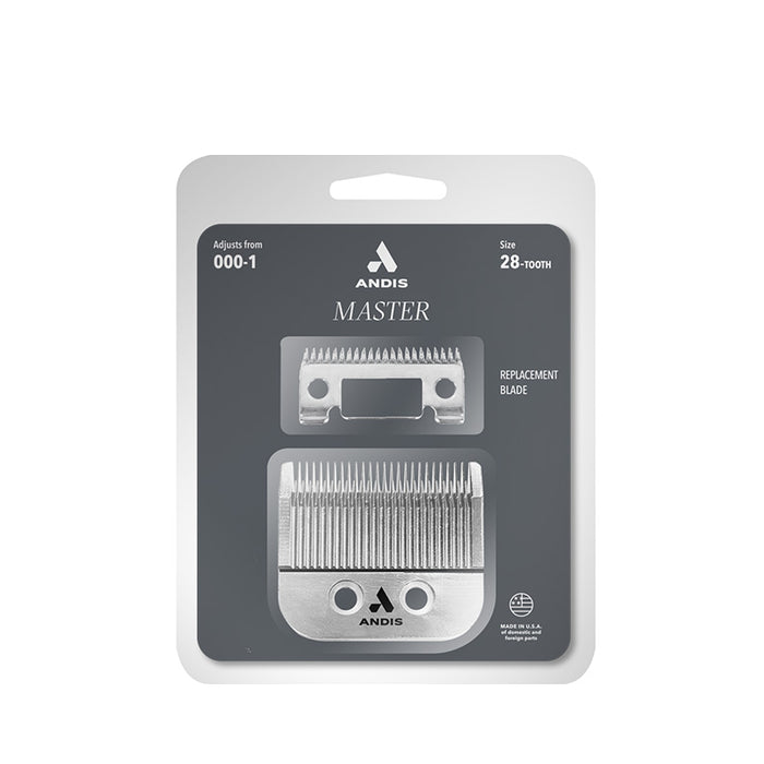 Andis Master replacement blade pack showing two stainless steel clipper blades in blister packaging