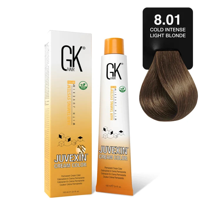 Juvexin Cream Color Cold Naturals 8.01 Cold Intense Light Blonde: 100 ml carton and tube beside an ash-brown swatch card