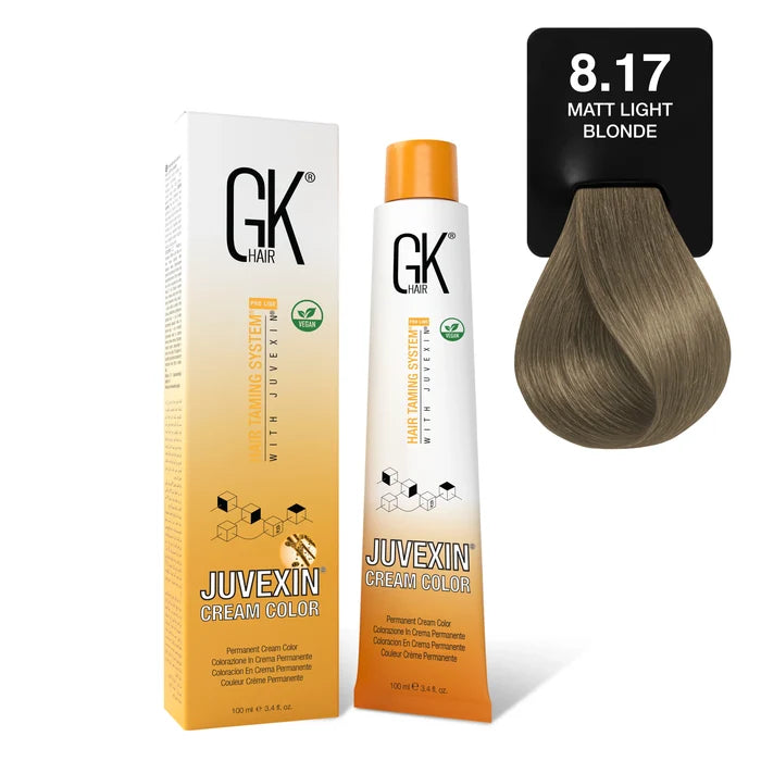 GK Hair Juvexin Cream Color 8.17 Matt Light Blonde carton and 100 ml tube beside a light ash-beige hair swatch