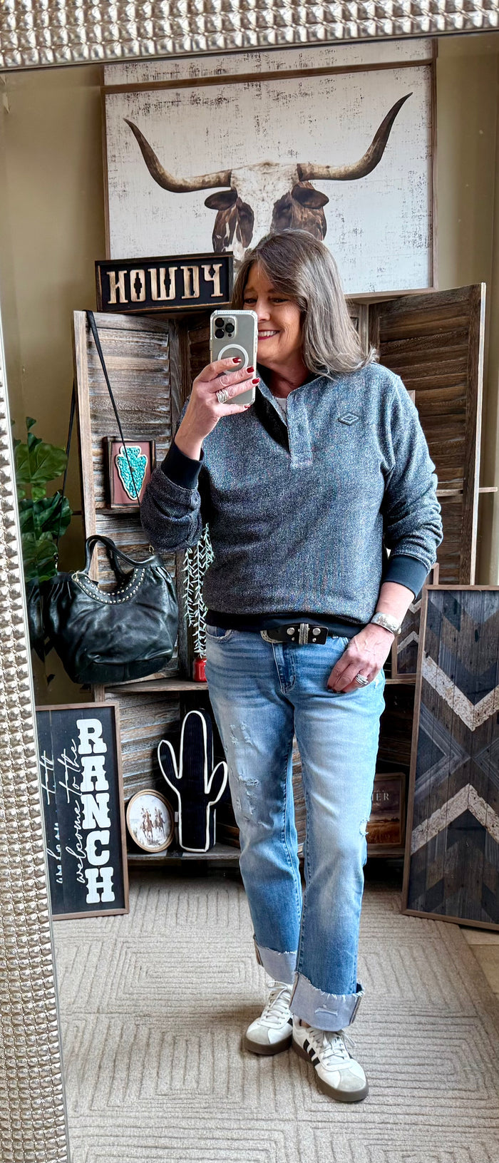 Charcoal heather gray men's mock-neck sweatshirt, logo patch, quarter-snap front, ribbed hem