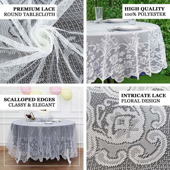 Premium lace round tablecloth with scalloped edges and intricate floral design.