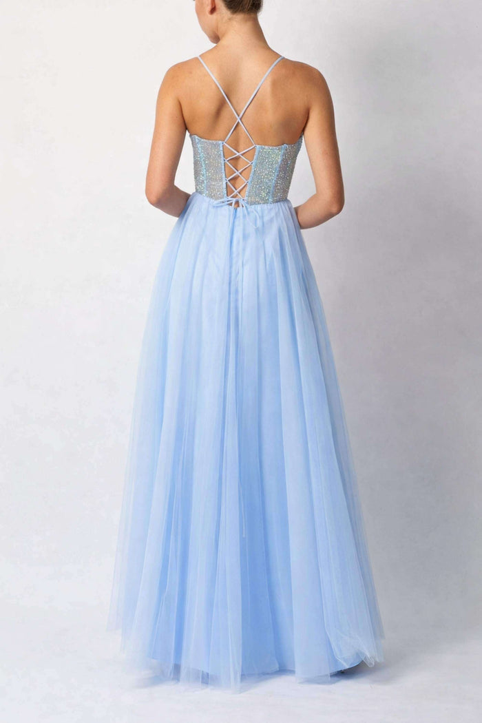 Back view of Sky Blue Prom Ball Gown MC295510 featuring crisscross lace-up detail and flowing tulle skirt. Ideal for special occasions.