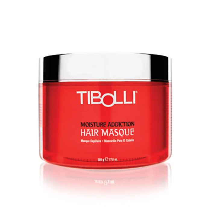 Tibolli Moisture Addiction Hair Masque 500 g red jar with a chrome lid, front label facing the camera, on white