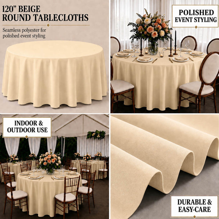 Beige polyester round tablecloth for durable and seamless table cover.