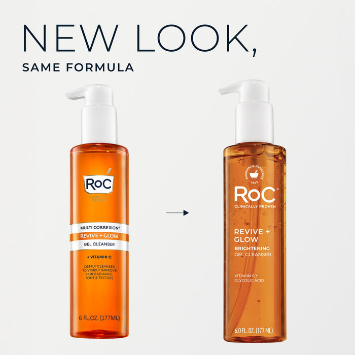 Two bottles of Roc gel cleanser with text 'New Look, Same Formula' on a white background.