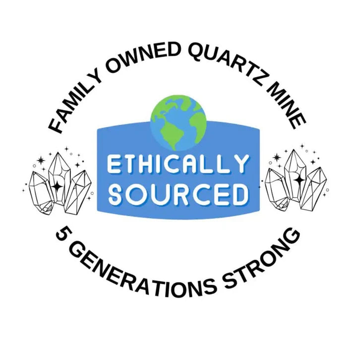Logo with text 'Family Owned Quartz Mine', 'Ethically Sourced', and '5 Generations Strong' on a white background.