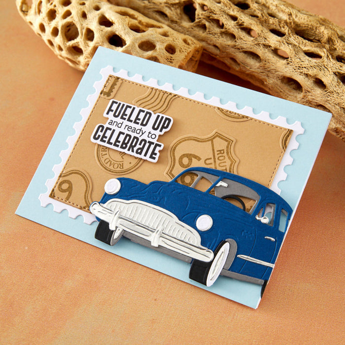 Spellbinders - Clear Stamp & Die Set - Road Trip Adventures Sentiments. By Mindy Eggen. Available at Embellish Away in Bowmanville Ontario Canada. Example by Mindy Eggen.