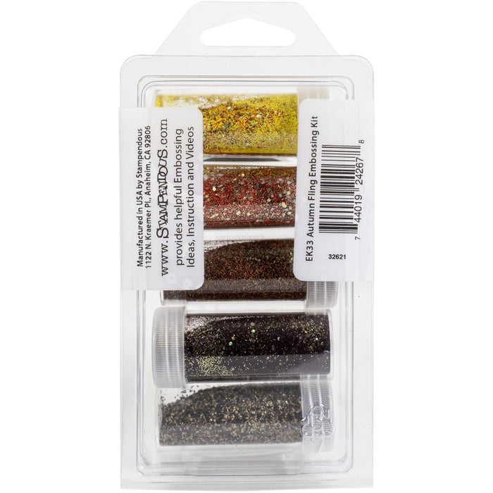 Stampendous - Embossing Powder - 5/Pkg .86oz - Autumn Fling. Exclusive embossing powders and enamels work in combination to enhance Fall scenes and backgrounds. Package includes 5 small jars in a snap-shut case in colors Sunlit Yellow, Pumpkin Spice, Aged Spice, Pinecone and Seasonings powders. Net weight 1.02 oz. (29g). Made in the USA. Available at Embellish Away located in Bowmanville Ontario Canada.