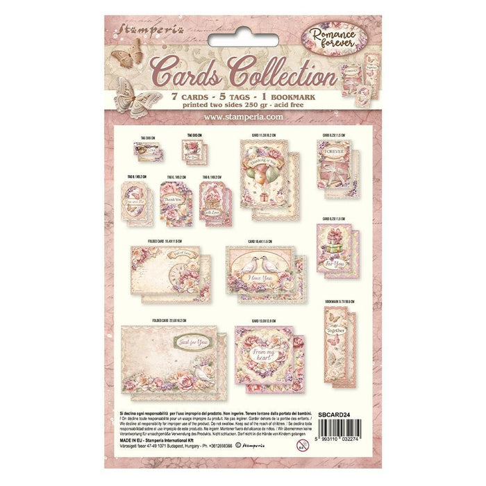 Stamperia - Cards Collection - Romance Forever. A beautiful card collection in a coordinating theme from Stamperia. This package contains the Romance Forever Cards Collection Kit: seven cards, five tags and one bookmark. Available at Embellish Away located in Bowmanville Ontario Canada.