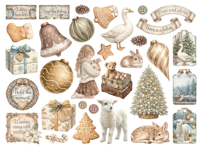 Stamperia - Die cuts - White Christmas. FEATURE: Deer, Christmas Cookies, Christmas Tree. Available at Embellish Away located in Bowmanville Ontario Canada.