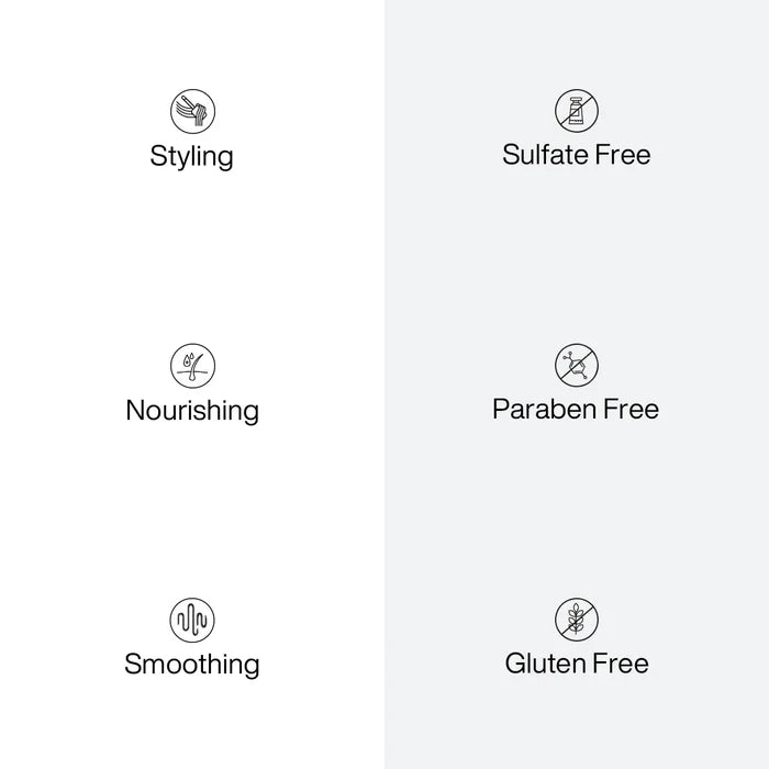 Six-icon benefit panel on split white and gray: Styling, Nourishing, Smoothing, Sulfate Free, Paraben Free and Gluten Free