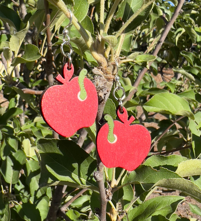Teacher's apple earrings with stem and leaf, eco-friendly jewelry made in USA