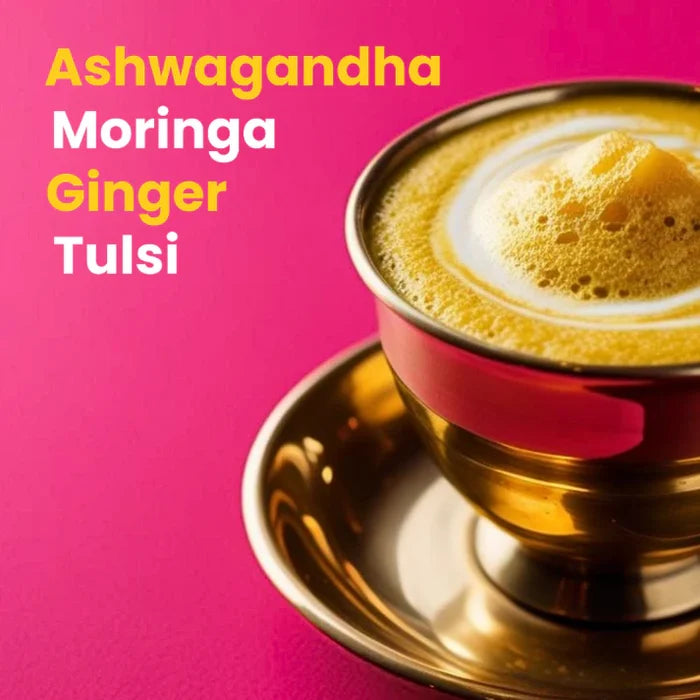 Gold cup of tea with text on a pink background