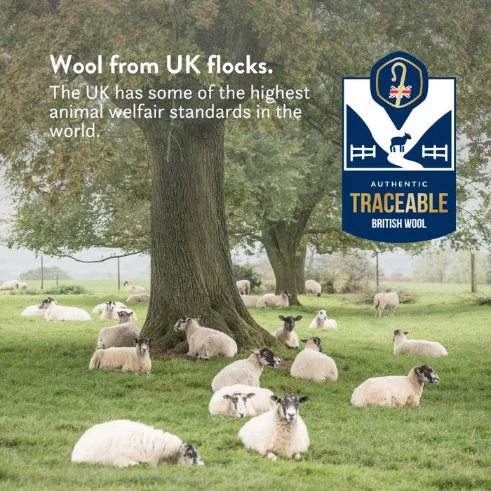Wool from UK flocks. The UK has some of the highest animal well-fair standards in the world. Authentic traceable British wool.