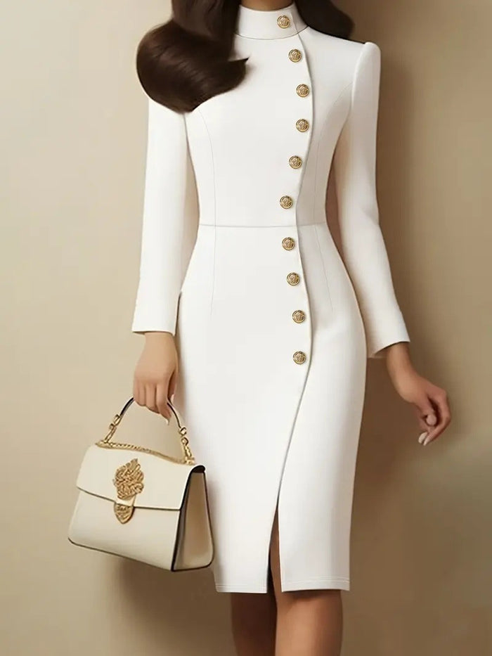 Women's Stand Collar Dress - Long Sleeve Button Front Dress