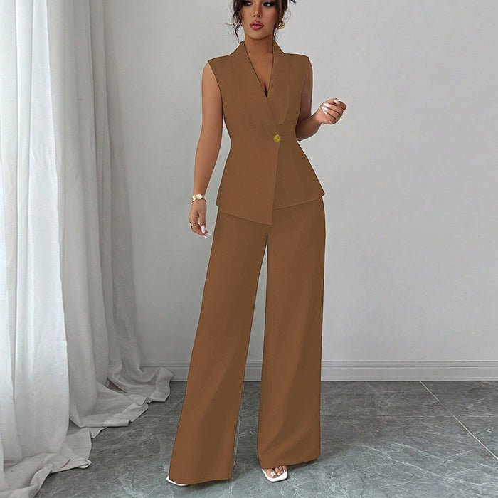 Women's Vest & Pants Suit Set - Sleeveless Top & Straight Leg Trousers