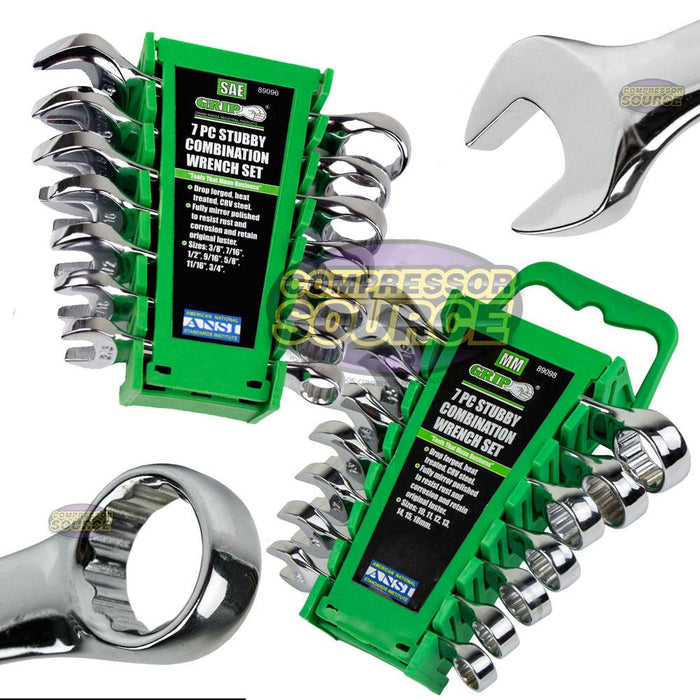 14 Piece Stubby Combination Wrench Set SAE Metric Tool Holder GRIP 89096 89098