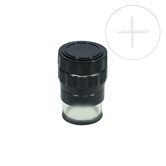 14mm/140 Div 10X Measuring Loupe with Scale, SKU MG42101111, three quarter front view