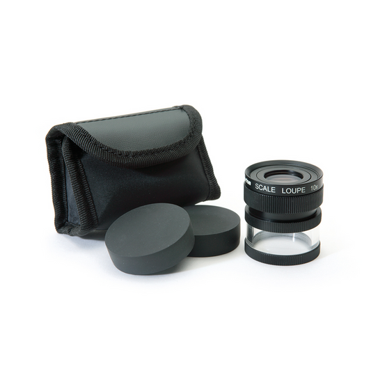 16mm/160 Div  10X Adjustable Magnifier with Scale, SKU Ideal-M12102, three quarter front view