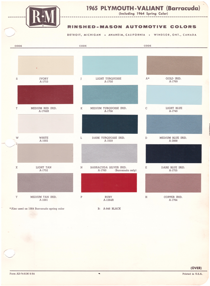 1960's Plymouth/Valiant Paint Colors
