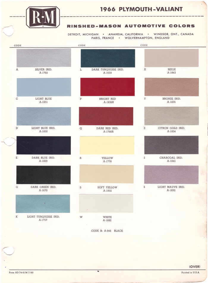 1960's Plymouth/Valiant Paint Colors