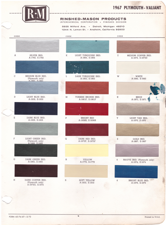 1960's Plymouth/Valiant Paint Colors