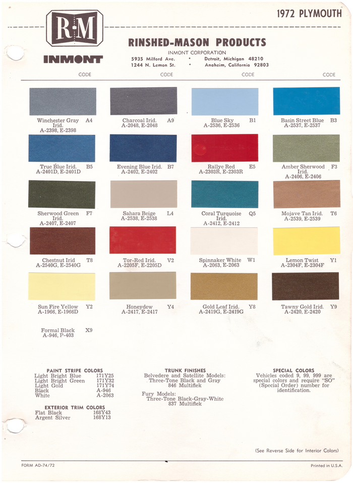 1970's Plymouth Paint Colors