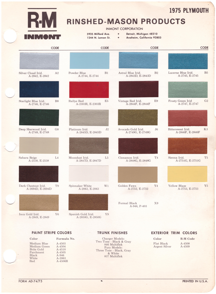 1970's Plymouth Paint Colors
