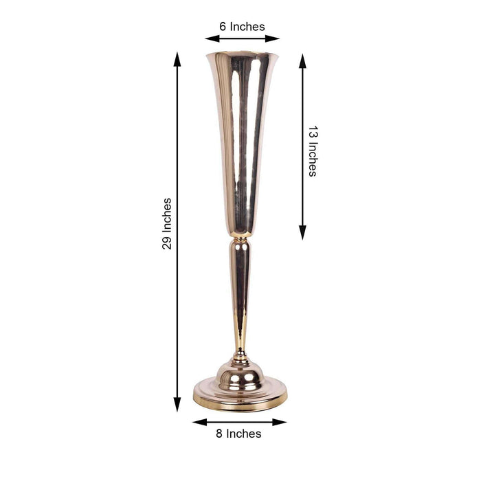Gold metal vase, 29 inches tall, 6 inches wide, and 8 inches base diameter.
