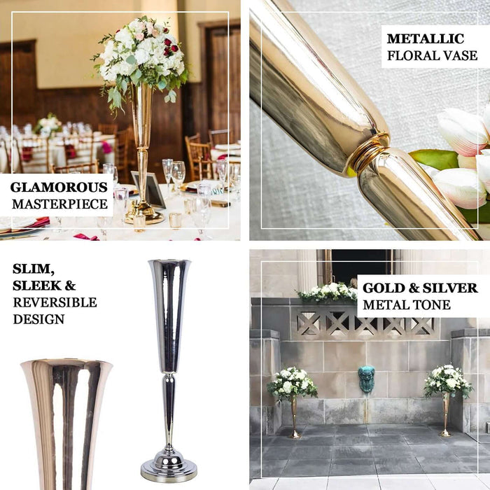 Metallic floral vase in gold and silver with a sleek design for elegant decor.