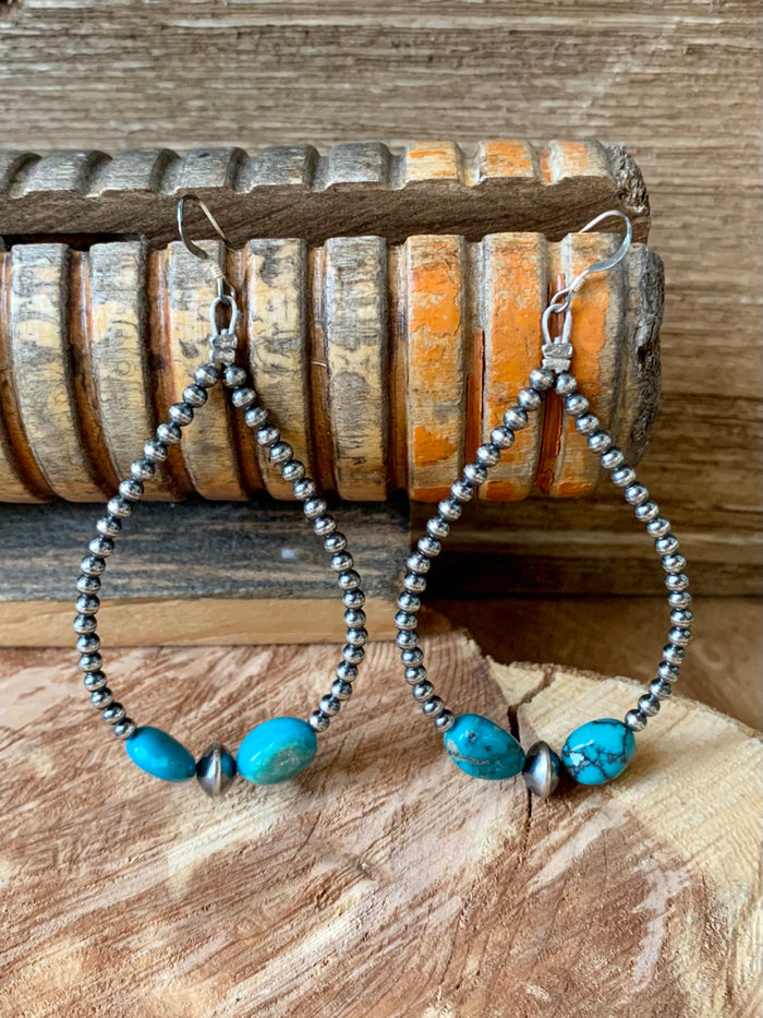 Sterling silver bead hoop earrings with turquoise oval drops, dangle style