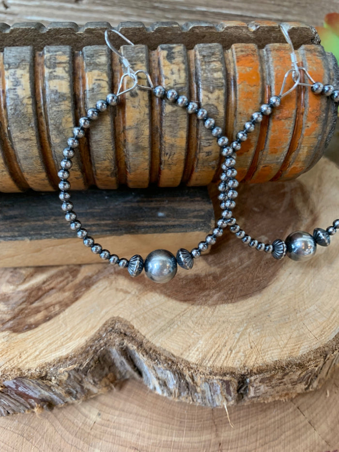 Sterling silver bead hoop earrings with round silver bead drops