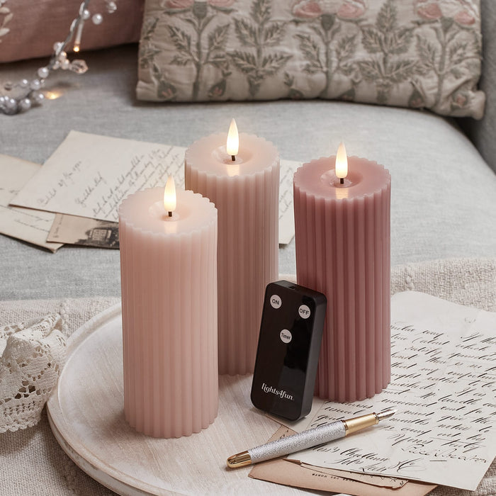 3 Fluted Blush Pink TruGlow® Slim Pillar LED Candles