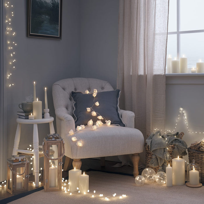 30 Warm White LED Rose Fairy Lights On Clear Cable